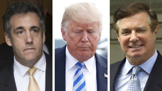 Trump's personal lawyer, Michael Cohen, left, implicated him in a crime at the same time as his former campaign chairman, Paul Manafort, right, became a convicted felon.