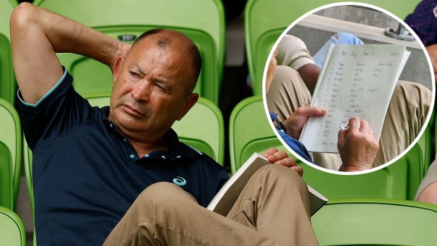 Eddie Jones with his notebook at AAMI Park on Sunday and, inset, the draft Wallabies camp list.