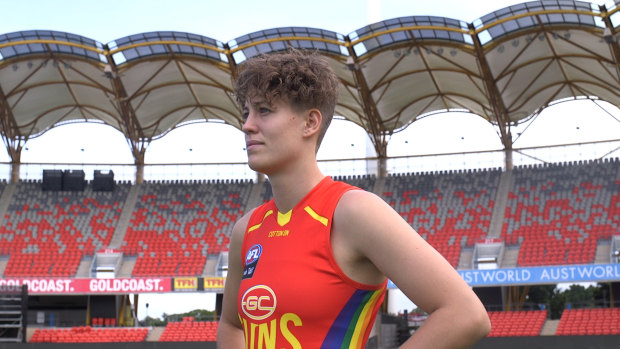 In a happy place: The Gold Coast Suns’ Tori Groves-Little ahead of 2022 AFLW pride round.