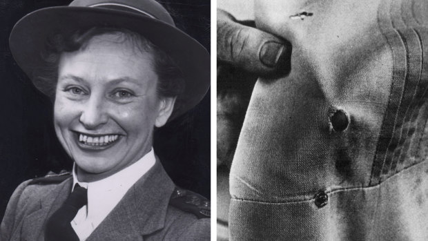 Vivian Bullwinkel, the only survivor of Radji, and her uniform showing the exit hole of the bullet which was meant to kill her.
