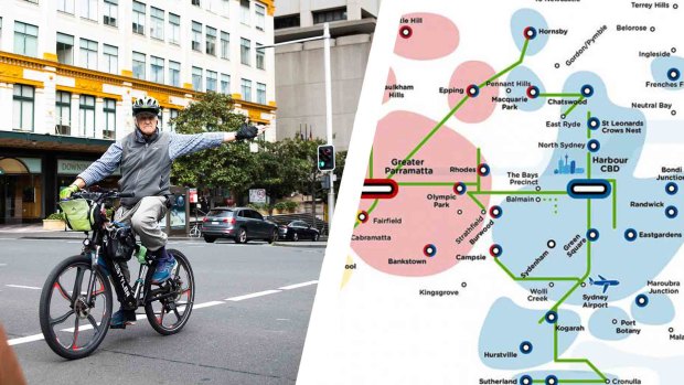 Left: Man cycles along Sydney's Liverpool Street. Right: The 2056 Greater Sydney Principal Bicycle Network (committed and existing) routes as at 2018
