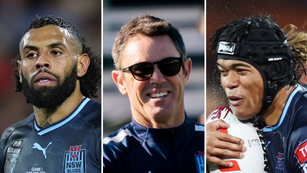 NSW winger Josh Addo-Carr, coach Brad Fittler and winger Brian To’o.