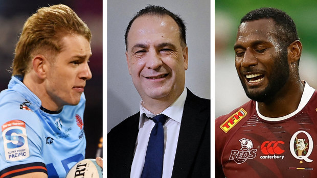 Two targets of rugby leagues’ proposed counter-raid on rugby: Max Jorgensen and Suliasi Vunivalu, with Peter V’landys (centre). 