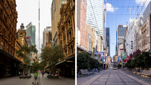 Left: Pitt street mall in CBD in Sydney in April. Right: Melbourne CBD in July. 