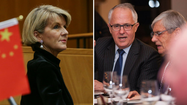 Foreign Minister and Western Australian MP Julie Bishop attends an Australia China Business Council event in June. Perth businessman Kerry Stokes entertains then communications minister Malcolm Turnbull at Huawei's 10-year anniversary celebration in 2014.