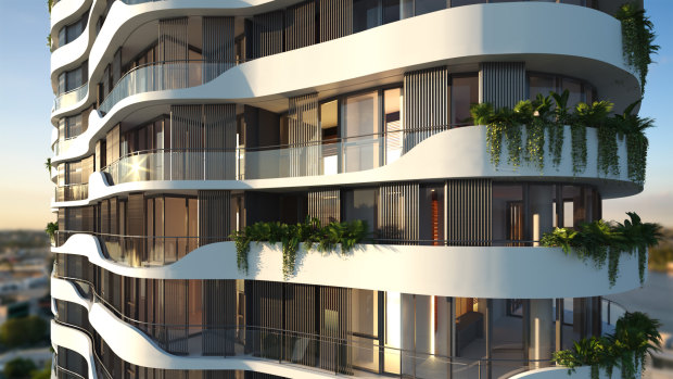 Artist's render of Mirvac's planned Sky Precinct residential tower at 58 Skyring Terrace in Brisbane's Newstead. 