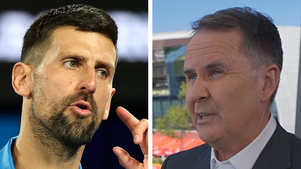 Channel Nine sports presenter Tony Jones (right) has publicly apologised to Novak Djokovic.