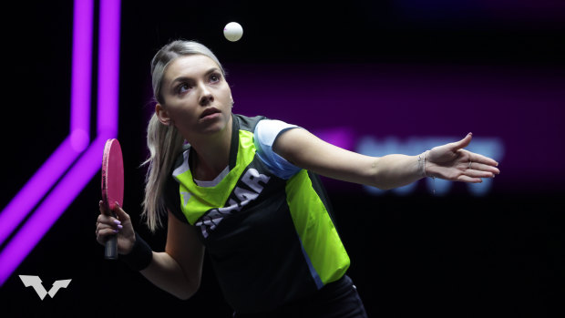 Romanian Bernadette Szocs plays at the World Table Tennis event in Macao.