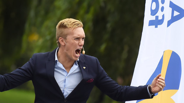 Gustav Kasselstrand, vice chairman of the far-right "Alternative For Sweden" party, speaks at a campaign meeting in Kungstradgarden park in Stockholm on Friday.