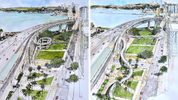 The two options for northern access to the Harbour Bridge under consideration by the state government.