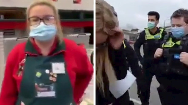 Left, a Bunnings worker speaks with a woman who is refusing to wear a mask. Right, the woman confronts police.