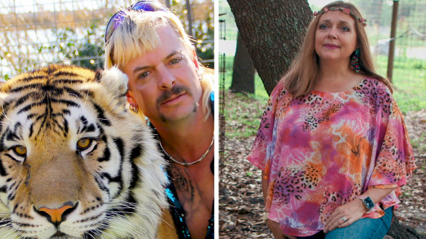 True crime with a punchline. Tiger King’s Joe Exotic and chief rival Carole Baskin.