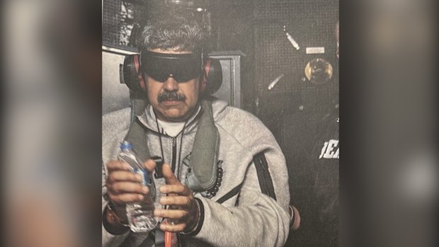 A photo posted by US President Donald Trump to Truth Social showing Venezuelan President Nicolás Maduro aboard the USS Iwo Jima.