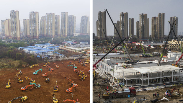 Before and after: A symbol of China's rapid response, albeit delayed, has been the speed at which workers in Wuhan are erecting a pair of field hospitals to accommodate virus patients.