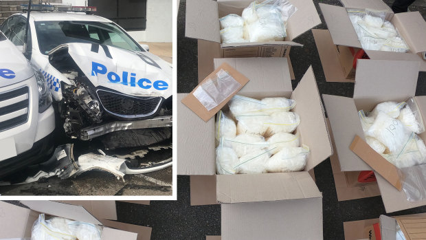 A man has been charged after more than 270kg of methylamphetamine was allegedly located in a van that crashed into parked police cars.