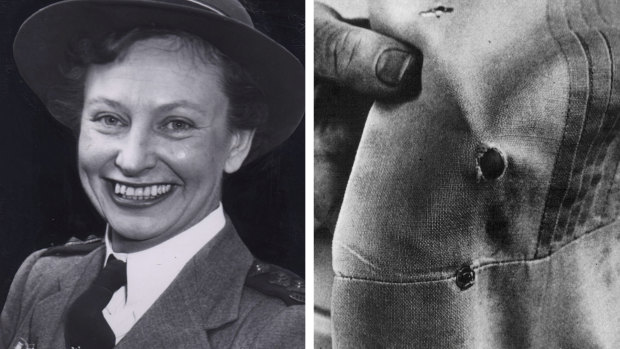 Vivian Bullwinkel, the only survivor of Radji, and her uniform showing the exit hole of the bullet.