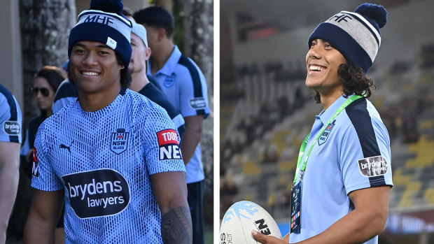Brian To’o and Jarome Luai wear Mark Hughes Foundation beanies before Origin 1 in Townsville.