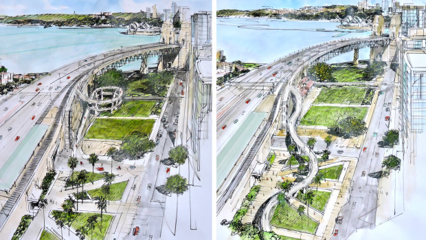 The two options for northern access to the Harbour Bridge under consideration by the state government.