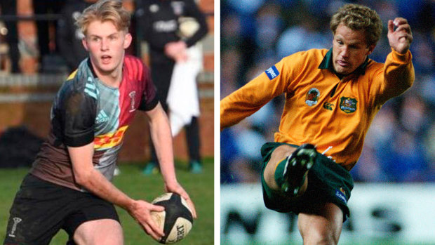 Tom Lynagh, left, and father Michael Lynagh playing for the Wallabies.