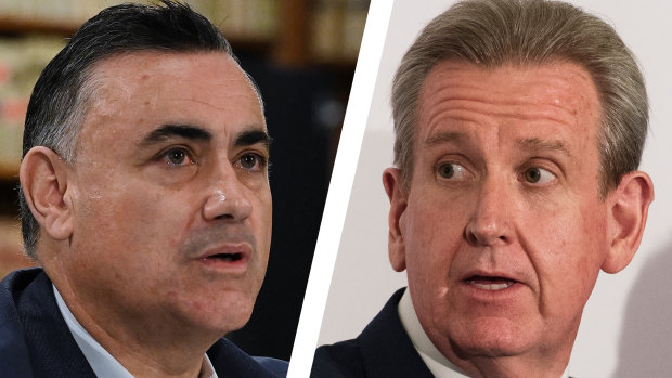 Former NSW premier Barry O’Farrell (right) provided former deputy premier John Barilaro with a reference for the New York trade role.