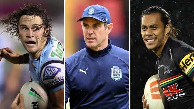 Sharks star Nicho Hynes, NSW Blues coach Brad Fittler and Panthers star Jarome Luai.