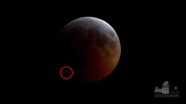 The impact flash on the moon, circled bottom left, during the lunar eclipse which started on Sunday evening. 
