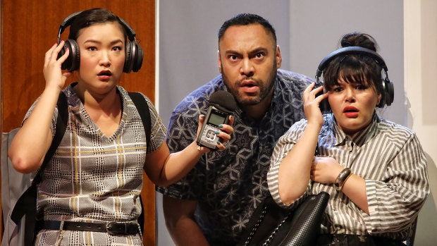 Michelle Lim Davidson, Anthony Taufa and Nakkiah Lui in How to Rule the World. 