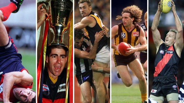 Former AFL players (from left) Shaun Smith, Darren Jarman, the late Shane Tuck, John Platten and John Barnes are among those taking a class action against the league.
