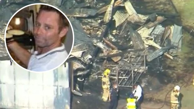 Aftermath of a shed fire in the Queensland town of Biggenden; Todd Mooney, 54, (inset) died alongside his 10-year-old daughter Kirra.