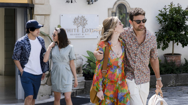 The worst of friends. Holidaying American couples, from left, Ethan Spiller (Will Sharpe) and Harper (Aubrey Plaza), with Daphne Sullivan (Meghann Fahy) and Cameron (Theo James) in The White Lotus.