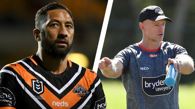 Wests Tigers five-eighth Benji Marshall and coach Michael Maguire.