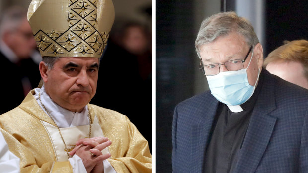 Former cardinal Giovanni Angelo Becciu, left, and Cardinal George Pell. 