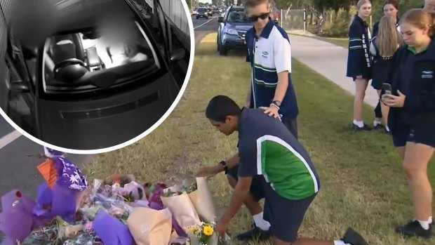 School students mourn after the  crash. (Inset) Police allege two teenagers stole the vehicle but only one was in the car at the time of the fatal accident.