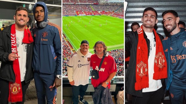 Cleary went to a Manchester United game a couple of weeks ago (centre) and met a couple of their stars in Australia in July (Marcus Rashford left, Bruno Fernandes right).