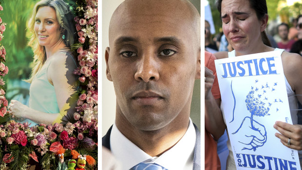 Justine Damond, left, was killed by  Minneapolis police officer Mohamed Noor, centre. 