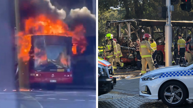 A bus on fire in the Sydney suburb of Glebe on Monday.