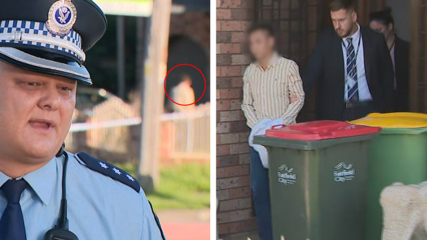Left: police appeal for information about the alleged hit-and-run at a press conference on Wednesday morning as the suspect is seen in the background (red circle). Right: the suspect is arrested.
