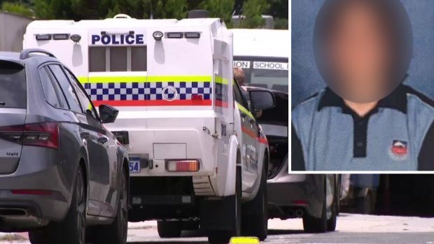 Scenes from an alleged stabbing at Carine Senior High School on December 7, 2023. Student charged over the incident, inset. Picture: Nine News Perth