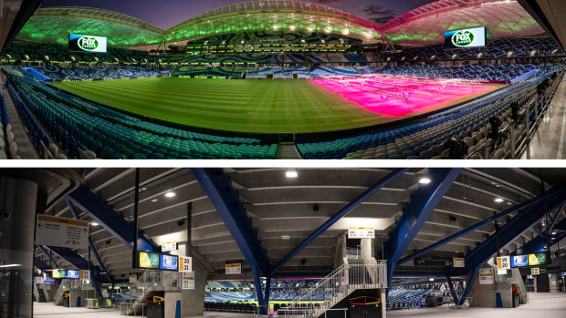 A dalt: l'Allianz Stadium, acabat de completar, s'il·lumina abans de la seva gran inauguració.  A baix: dins del vestíbul de l'estadi reconstruït.