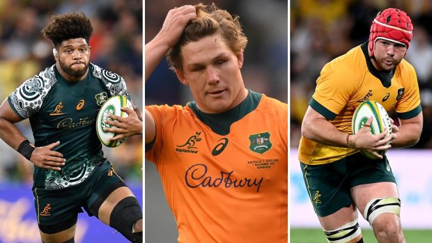 Could this be the Wallabies back row for the deciding Test against England? Pictured are Rob Valetini, Michael Hooper and Harry Wilson.