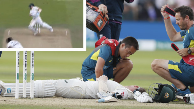 Steve Smith after his terrifying blow to his neck.