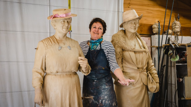 The initial casting phase of the new sculpture of Dorothy Tangney and Dame Enid Lyons by Lis Johnson.