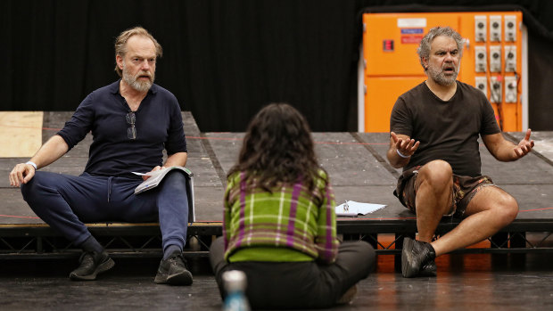 Hugo Weaving (left) and Wayne Blair with director Jessica Arthur in rehearsals for Wonnangatta. 
