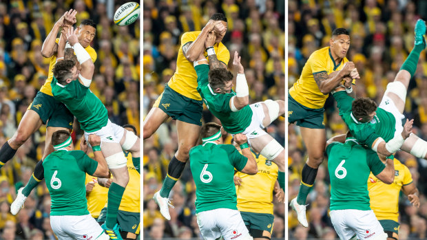 Yellow card: Israel Folau contests the kick-off against Peter O’Mahony.
