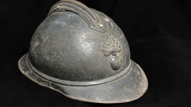 An M15 Adrian steel helmet, like the one Canberra man Igor Dopita's great-grandfather Alfred Bernard was wearing when he was shot while serving with the French army in World War I.