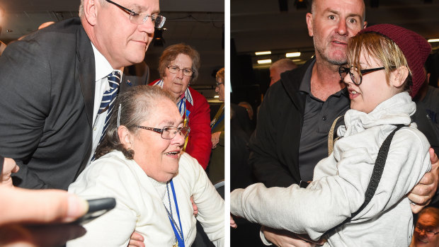 Scott Morrison helps an older woman after she was knocked over. Right: The young woman, now identified as Amber Holt, was escorted out and arrested.