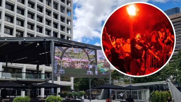 The Socceroos clash with Argentina at the World Cup will be broadcast in Brisbane’s King George Square. (Inset) World Cup celebrations in Federation Square in Melbourne.