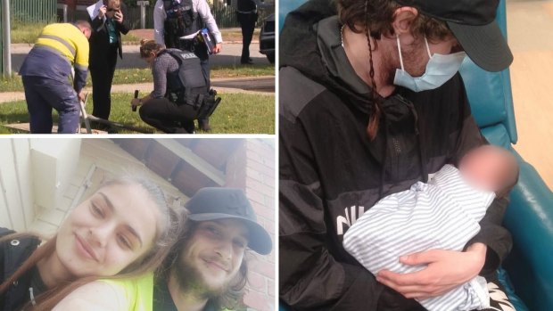 Police at the scene; the two young parents; Bevilaqua with his newborn daughter.