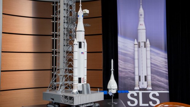 A model of the Space Launch System, the next-gen rocket that NASA hopes will take us to Mars. The Orion craft, in the foreground, will carry crew to Mars.