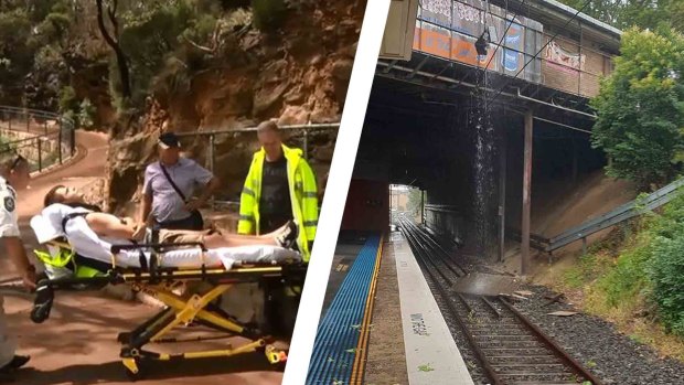 Left, a tourist is taken to hospital after being struck by lightning in the Blue Mountains. Right, part of the station roof fell on the train tracks at Caringbah.